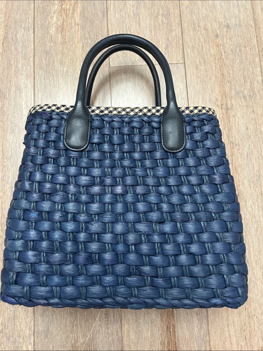 Talbots Navy Woven Tote with Black Faux Leather Handles and gingham lining